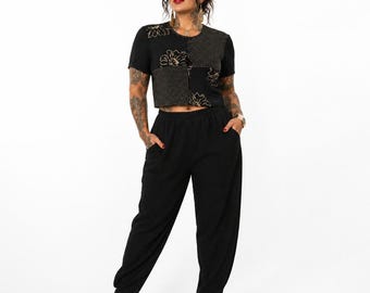 90s Vintage Patchwork Matching Pant Set Womens M Black Floral Elastic Waist Suit