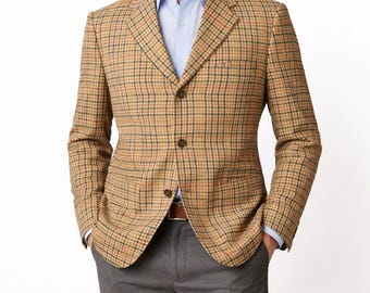 Vintage T Harris London Plaid Blazer Mens M Tan 3 Button Cotton Linen Sport Coat