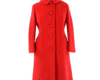 60s Vintage Bright Red Wool Boucle Coat Womens L Mod Overcoat Oversized Buttons Silk Lined Winter Valentine Jacket Princess Seams 12 14