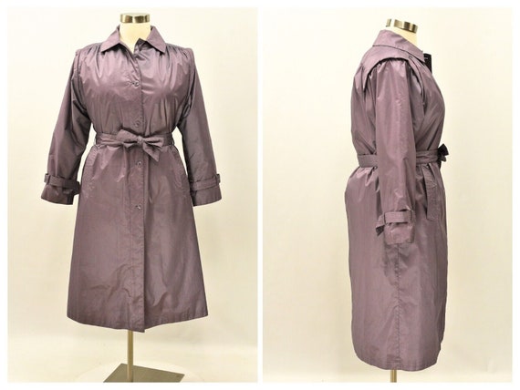 90s Vintage Shiny Rain Coat Dusty Purple Trench C… - image 1