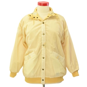 Vintage 80s Oversized Reversible Jacket Womens XL Yellow Waffle Knit Bomber Coat Nylon Shell Retro Sporty Streetwear Zip Up Layering