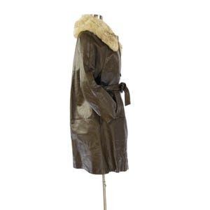 70s Vintage Brown Leather Belted Cape Coat Womens L Rabbit Fur Collar Coat Blonde Knee Length Trench Style Winter Outerwear Boho Car Coat 14 image 2