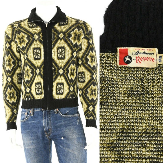 60s vintage mens S geometric wool zip front sweate