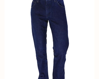 90s Vintage Wrangler Cowboy Cut Jeans Mens 34x32 Dark Wash Straight Leg High Rise Rigid Denim Western Workwear Grunge Non Stretch