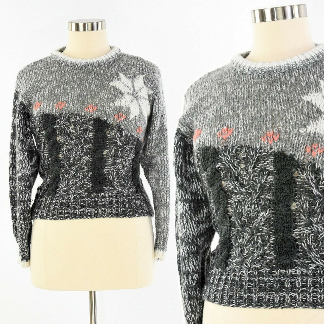 80s Vintage Chunky Knit Floral Design Sweater Women's M - Etsy