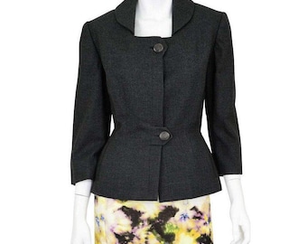50s Vintage Wool Peplum Blazer Womens S Charcoal Gray Hourglass Square Neck Top