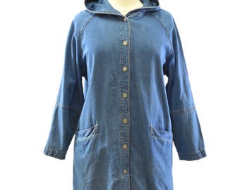 90s Vintage Hooded Chore Coat Plus Size Womens 1X Denim & Co Jean Jacket Medium Wash Western Workwear 100% Cotton Longline Jacket