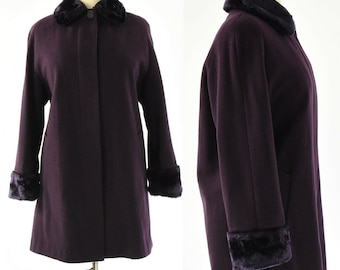 90s Vintage Plum Purple Wool Coat Faux Fur Collar Womens M