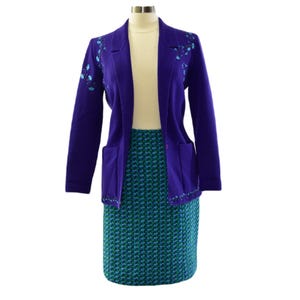 60s Vintage Outfit Embroidered Jacket & Skirt Set Blue Purple Womens M