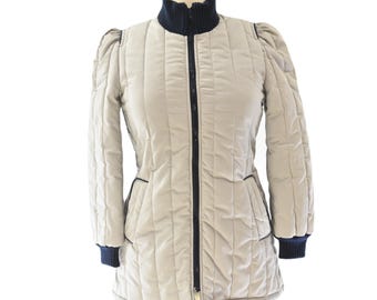 Pale Gray Quilted Puffer Coat Puff Sleeve Blue Rib Knit Stand Up Collar Womens12