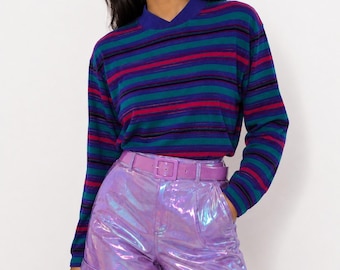 Vintage Jantzen 1980s Striped Mock Neck Shirt Small Bold Vaporwave Maximalist