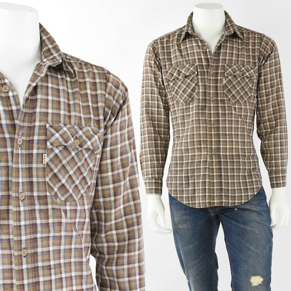 80s Vintage Levis White Tab Brown Plaid Button Fr… - image 1