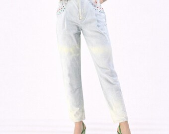80s Vintage Embellished Pleated Jeans High Waist Straight Leg Light Wash Women M