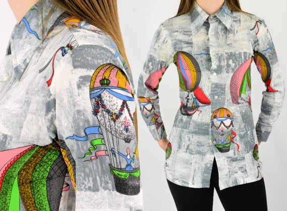 70s Vintage Hot Air Balloon Print Shirt Womens XS… - image 1