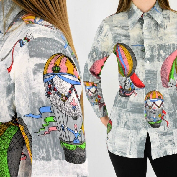 70s Vintage Hot Air Balloon Print Shirt Womens XS Novelty Print Blouse Euro-Fit Van Heusen Unique Artsy Abstract Designer