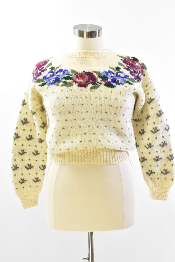 90s Womens M Oversized Sweater Ivory With Floral &