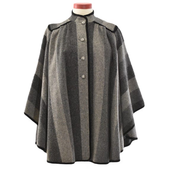 60s Vintage 100% Wool Military Style Cape Coat Womens L Gray Black