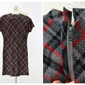 60s Vintage Plaid & Diamond Print Drop Waist Dress Womens S Gray Black Red