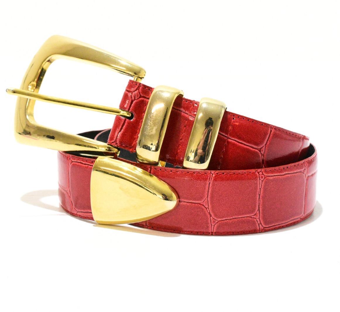 Vintage 80s Red Leather Wide Belt Gold Statement Buckle Adjustable Waist Vintage Red Leather Turtle Belt: 80s Gold Studded Statement  main image 2