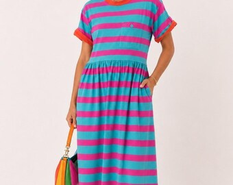 80s Striped Shirt Dress Womens S Drop Waist Pink Teal Short Sleeve Casual Knit