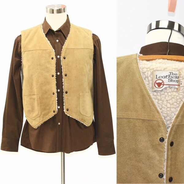 70s Vintage Mens M Beige Tan Leather Vest Sherpa Lined The Leather Shop Sears