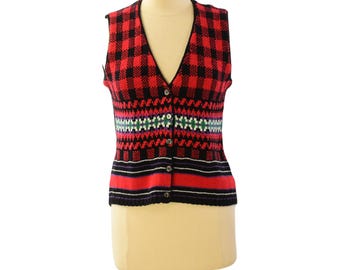 90s Vintage Red & Black Cotton Sweater Vest Plaid 5 Button Striped Womens M