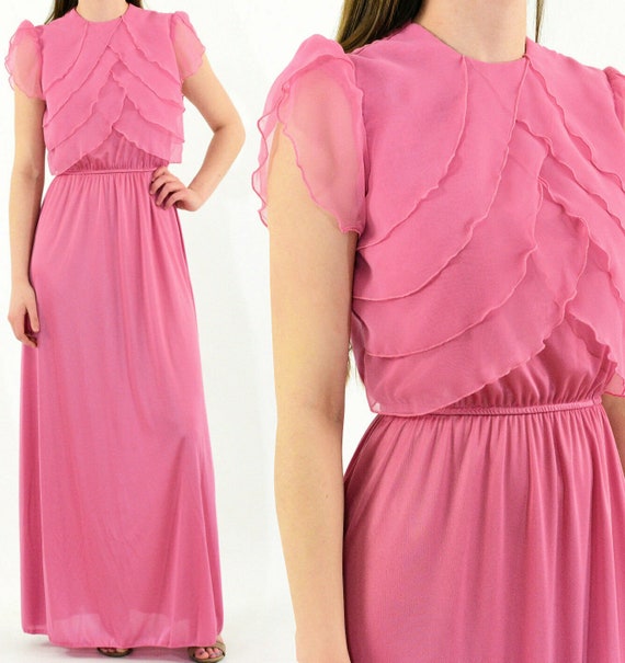 70's Vintage Mauve Pink Ruffled Bodice Maxi Dress… - image 1