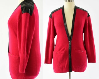 Vtg Eleanor P Brenner Wool & Leather Oversized Cardigan Shoulder Pads Womens M