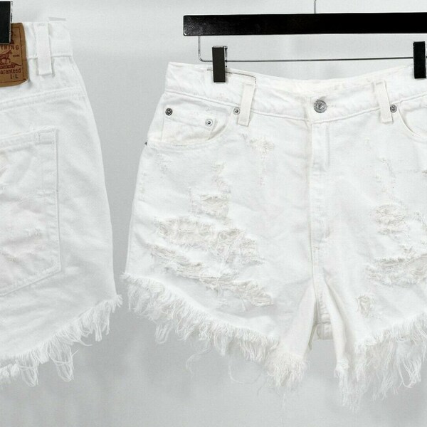 90s Vintage Levis High Waist Shorts Distressed White Denim Cut Off Sizes 14 16