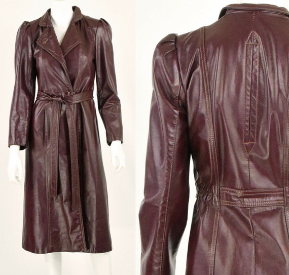 70s vintage leather duster coat burgundy red womens S | Etsy