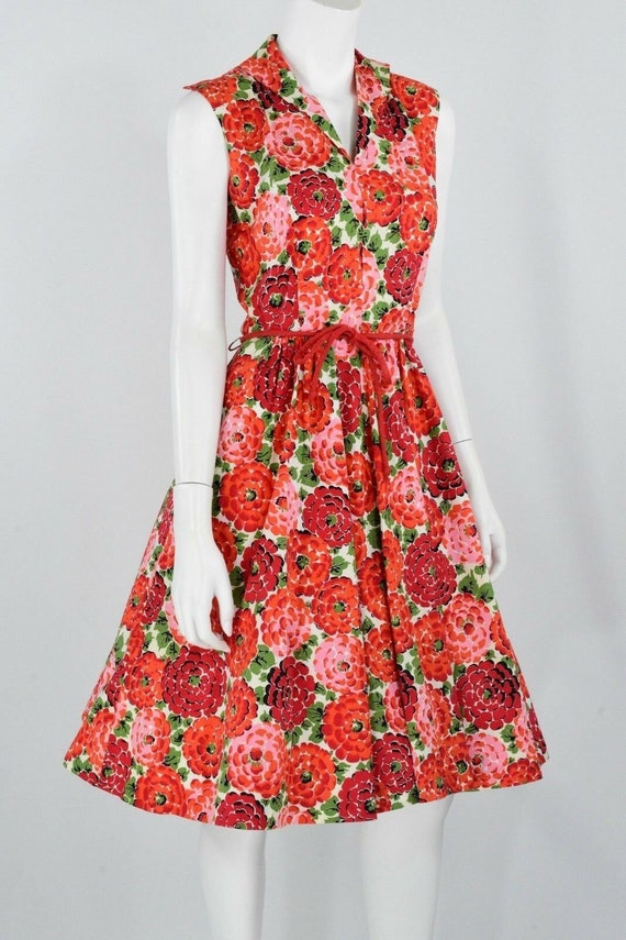 50's vintage handmade red floral print tea dress … - image 5