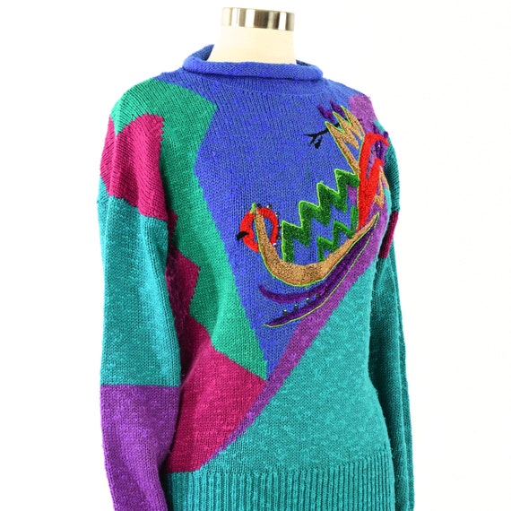 80s Vintage Roll Neck Abstract Print Sweater Arts… - image 3