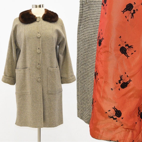 50s Vintage Womens Plaid Wool Coat Mink Collar Si… - image 1