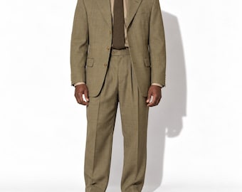 90s Vintage Wool Suit Mens 38R Tan Plaid Hart Schaffner Marx Pleated Pants 34x29
