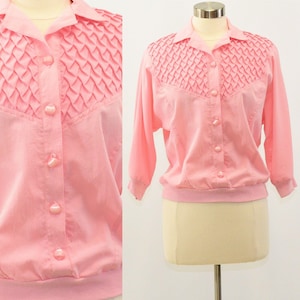 80s Vintage Womens Pink Pintuck Bodice Top Relaxed Fit Rib Knit Cuffs Size S