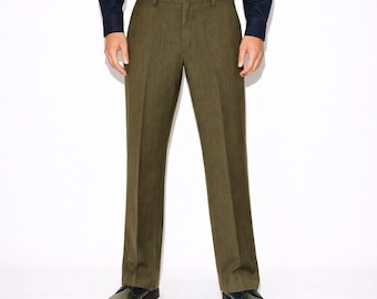 70s Vintage Herringbone Pants Mens 32x33 Dark Olive Green Brown Straight Leg Mod