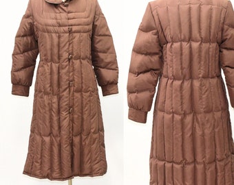 70s Vintage Womens M Long Quilted Down Coat Puffer Coat Lorella Originals Brown