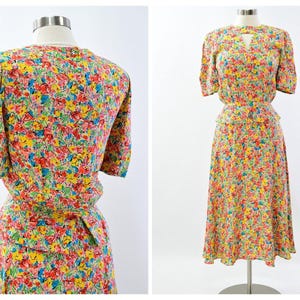 90s Vtg Bright Floral Peplum Waist Key Hole Neck Silk Dress Womens 4 Jon Perri