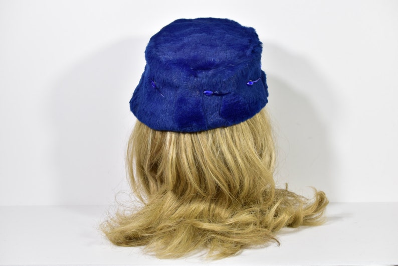 50s Vintage Blue Fur Hat Embellished Bucket Hat Jewels Womens XS image 4