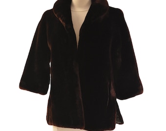 50s Vintage Dark Brown Sheared Lamb Fur Coat Womens S Evening Opera Cocktail Jacket 3/4 Sleeve Shawl Collar Made in USA