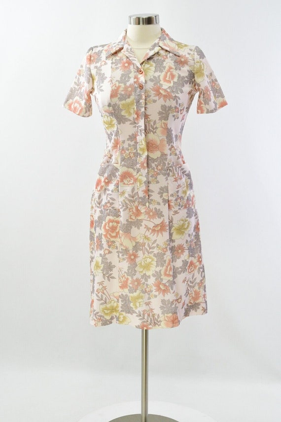 70s Vintage Floral Print Shirt Dress Womens S A N… - image 3