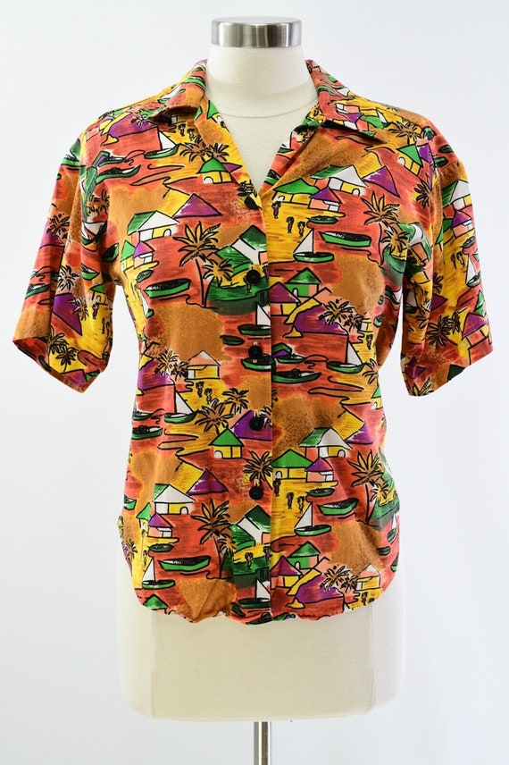 80s Vintage Womens PM Scenic Print Blouse Top Shor