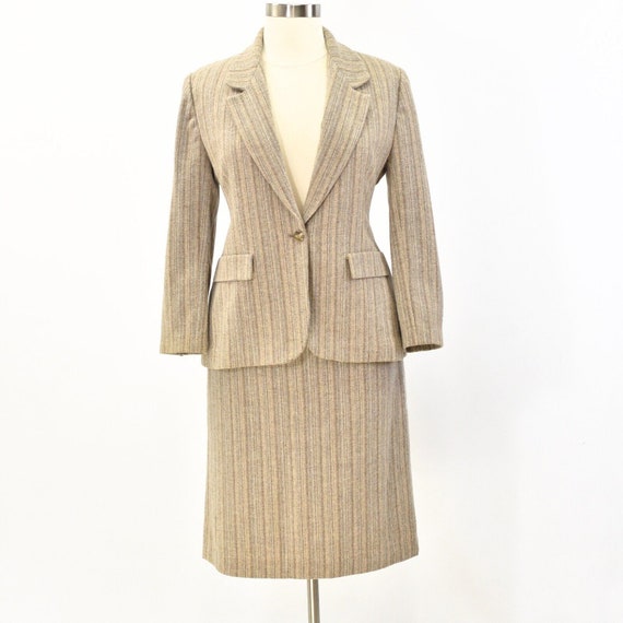 70s Vintage Striped Wool Skirt Suit Womens L Blue… - image 1