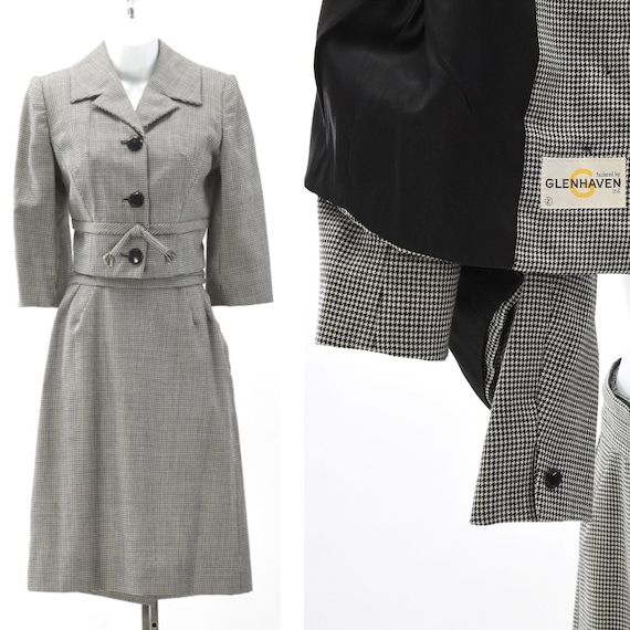 50s Vintage Womens XS Skirt Suit Houndstooth Plai… - image 1