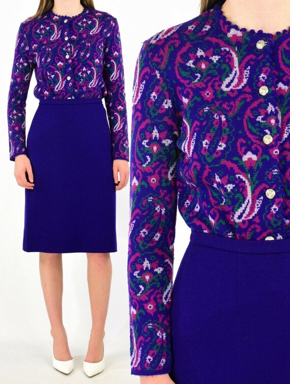 50s vintage purple wool jacquard print skirt suit