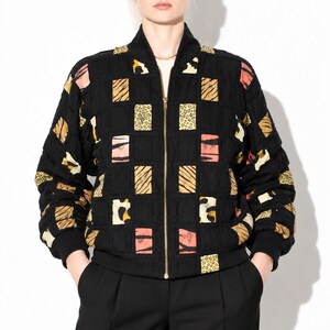 90s Vintage Animal Print Patchwork Bomber Jacket Womens M Cotton Zip Front