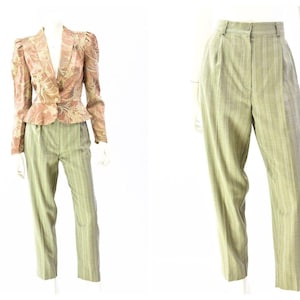 90s Womens M Pant Suit Cropped Puff Sleeve Peplum Blazer Hi Waist Pleated Pants