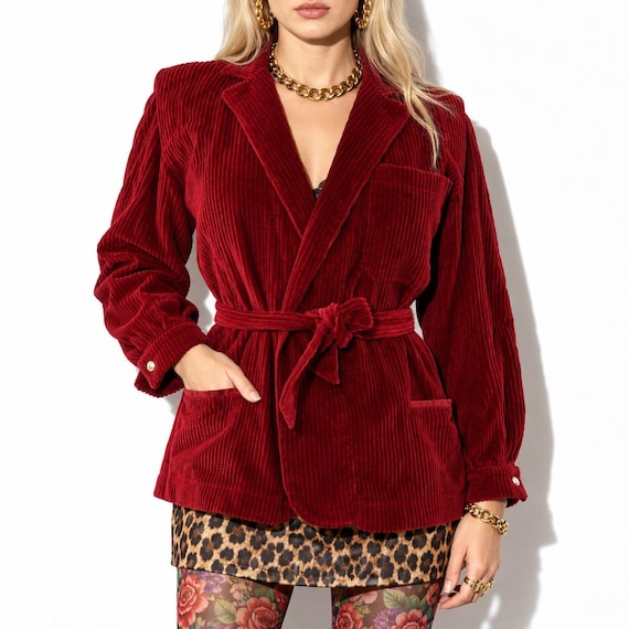 Claude Montana, Vintage Claude Montana Red Corduroy Wrap Jacket Womens M 40 Burgundy Puff Sleeve