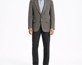 70s Vintage Gray Donegal Tweed Wool Blazer Mens 42L Marled Leather Elbow Patch