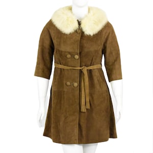 50s Vintage Sheepskin Suede Coat Womens M L Brown Fur Collar Belted Silk Lined Swing Coat Raglan Sleeve Mid Century Winter Jacket